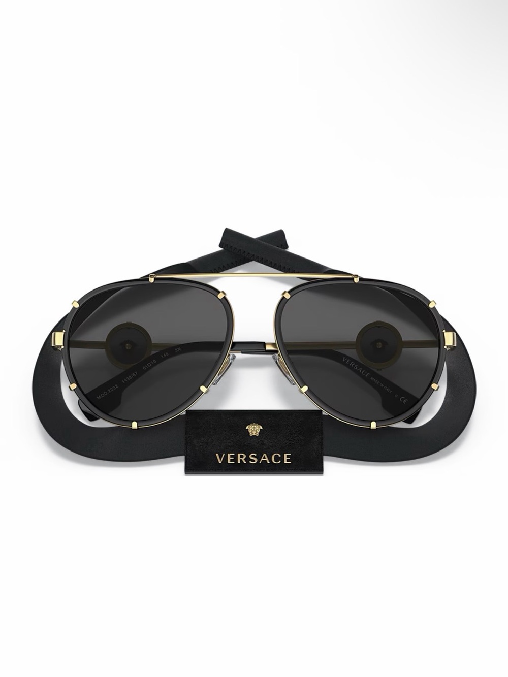 New Versace VE2232 143887 Gold-Trim Black Aviator Sunglasses Authentic